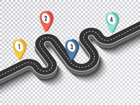 Road trip and Journey route. Business and Journey Infographic Design Template with pin pointer. Winding road on a transparent background. 3D Stylish streamers. Vector EPS 10
