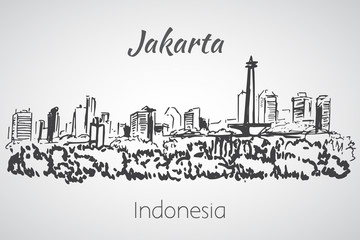 Fototapeta na wymiar Jakarta cityscape sketch. Isolated on white background