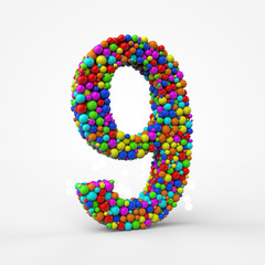 3d number 9 of colored balls over white background. 3d render illustration