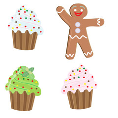 Christmas icons , three cupcakes and a gingerbread man