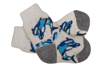 pair of woolen socks with a pattern isolated on white