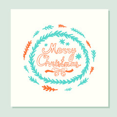 Merry Christmas. Greeting card with holidays symbols. Vector hand drawn illustration. Doodle style