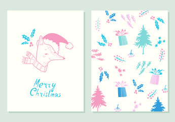 Fototapeta na wymiar Merry Christmas lettering. Greeting cards set with christmas symbols. Hand drawn illustration with fox and holly. Doodle style.