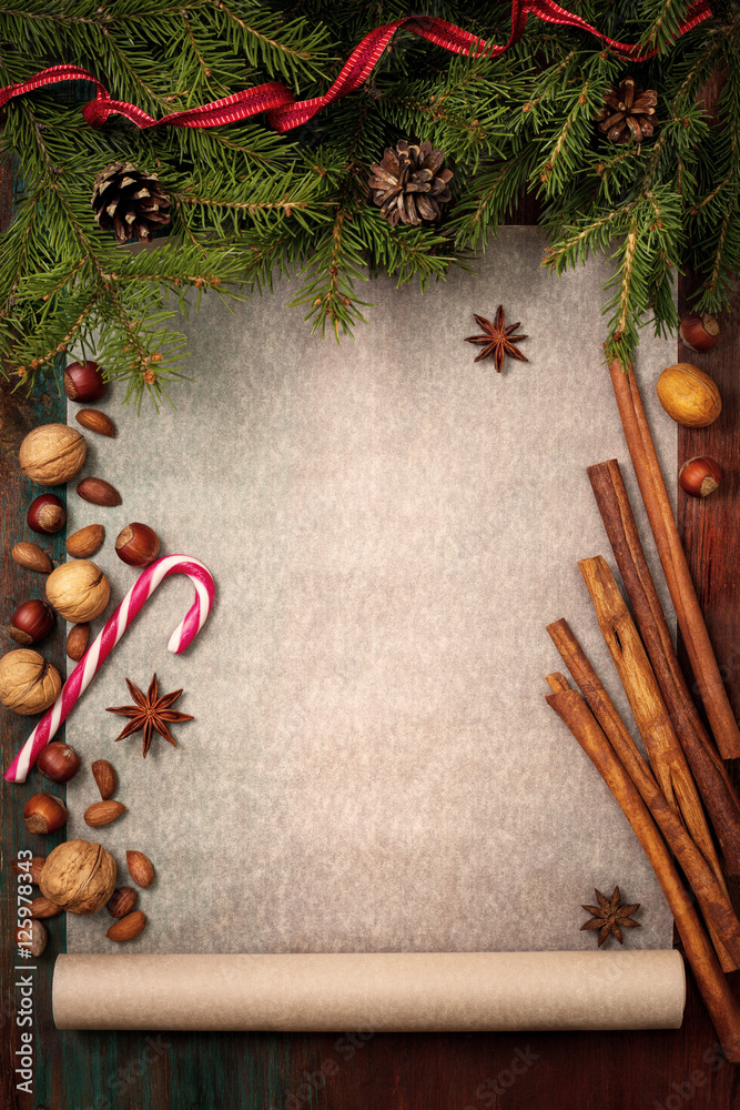 Wall mural christmas background with ingredients for baking