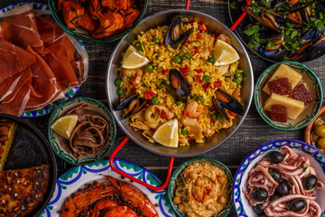 Typical spanish tapas concept, top view.