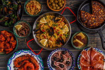 Typical spanish tapas concept, top view.