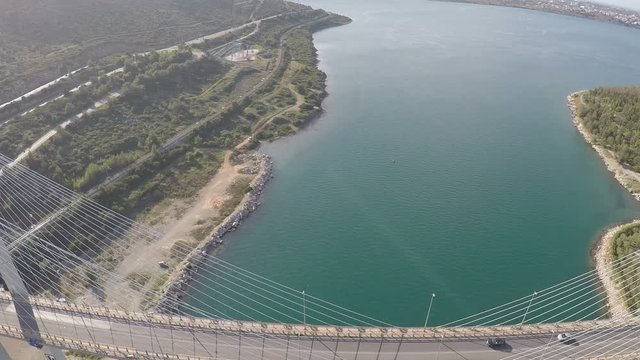 Aerial view of a big white bridge.
