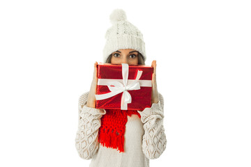 woman in warm sweater and red scarf