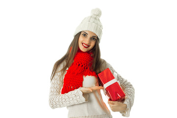 woman in warm sweater and red scarf