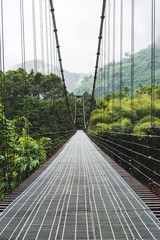 Obraz premium Steel suspension bridge, crossing the river in the woods