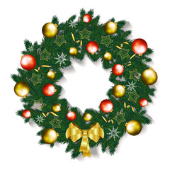 Fototapeta na wymiar Christmas wreath with balls and gold bow isolated on white backg