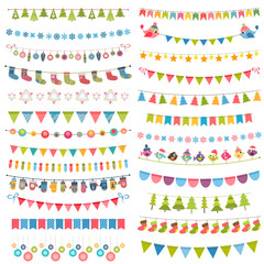 Christmas flags, bunting and garlands isolated on white