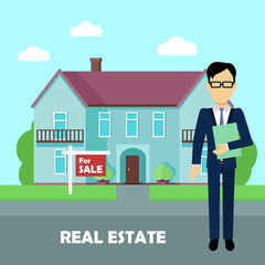 Real estate broker at work. Building for sale