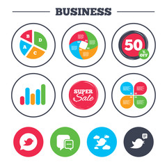 Business pie chart. Growth graph. Birds icons. Social media speech bubble. Short messages chat symbol. Super sale and discount buttons. Vector