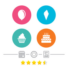 Birthday party icons. Cake with ice cream signs. Air balloon symbol. Calendar, cogwheel and report linear icons. Star vote ranking. Vector