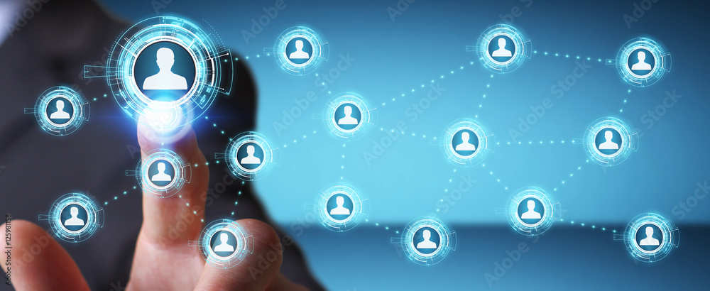 Poster businessman using blue social network 3d rendering