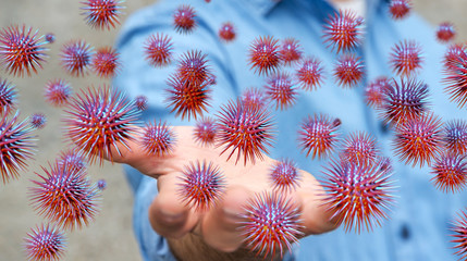 Close up on a sick man hand transmitting virus 3D rendering