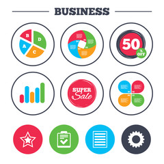 Business pie chart. Growth graph. Star favorite and menu list icons. Checklist and cogwheel gear sign symbols. Super sale and discount buttons. Vector