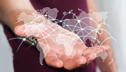 Businessman holding global network and data exchanges ‘3D rend