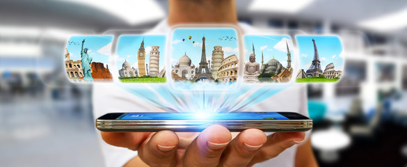 Businessman choosing his holidays between different places of th