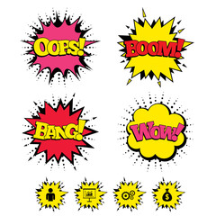 Comic Boom, Wow, Oops sound effects. Business icons. Human silhouette and presentation board with charts signs. Dollar money bag and gear symbols. Speech bubbles in pop art. Vector