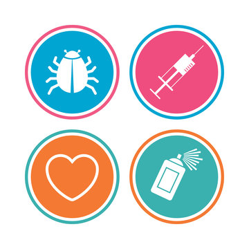 Bug and vaccine syringe injection icons. Heart and spray can sign symbols. Colored circle buttons. Vector