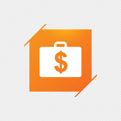 Case with Dollars USD sign icon. Briefcase button. Orange square label on pattern. Vector