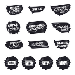 Fototapeta premium Ink brush sale stripes and banners. Businessman case icons. Currency with coins sign symbols. Black friday. Ink stroke. Vector