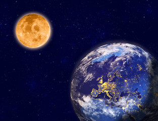 Planet earth and full moon on night sky. Elements of this image furnished by NASA. 3D rendering of planet Earth.