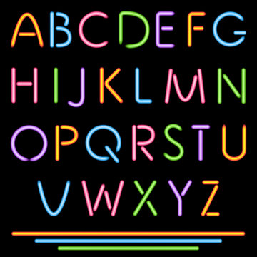 Realistic Neon Tube Letters. Alphabet, ABC, Font. Multicolor. Ve