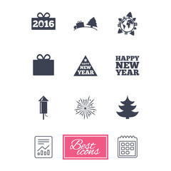 Fototapeta premium Christmas, new year icons. Gift box, fireworks signs. Santa bag, salut and rocket symbols. Report document, calendar icons. Vector