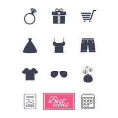 Clothes, accessories icons. T-shirt, sunglasses signs. Wedding dress and ring symbols. Report document, calendar icons. Vector