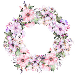 Fototapeta na wymiar Watercolor round Frame with flower, wreath Floral frame for greeting card, weddings, isolated flowers composition