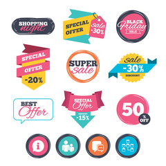 Naklejka premium Sale stickers, online shopping. Information sign. Group of people and database symbols. Chat speech bubbles sign. Communication icons. Website badges. Black friday. Vector
