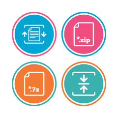 Archive file icons. Compressed zipped document signs. Data compression symbols. Colored circle buttons. Vector