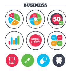 Business pie chart. Growth graph. Tooth enamel protection icons. Medical syringe and pill signs. Medicine injection symbol. Super sale and discount buttons. Vector