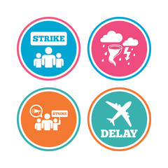 Strike icon. Storm bad weather and group of people signs. Delayed flight symbol. Colored circle buttons. Vector