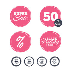 Super sale and black friday stickers. Sale discount icons. Special offer stamp price signs. 10, 20, 25 and 30 percent off reduction symbols. Shopping labels. Vector