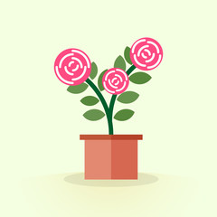 Cute blooming pink flower in pot. Simple houseplant shrub Rose in flat style. Floriculture. Vector