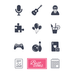 Game, bowling and puzzle icons. Entertainment signs. Casino, carnival and alcohol cocktail symbols. Report document, calendar icons. Vector