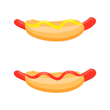 Cartoon hotdog with mustard and ketchup. Set hot dogs isolated on a white background