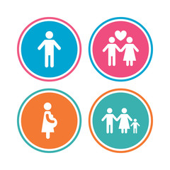 Family lifetime icons. Couple love, pregnancy and birth of a child symbols. Human male person sign. Colored circle buttons. Vector