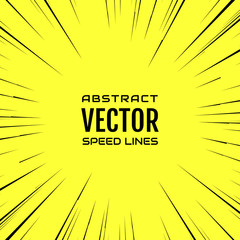 Black comic radial speed Lines on yellow base. Effect power explosion illustration. Comic book design element. Graphic explosion with speed lines in comic book style. Vector Illustration