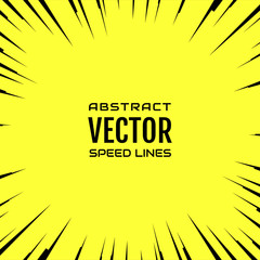 Black comic radial speed Lines on yellow base. Effect power explosion illustration. Comic book design element. Graphic explosion with speed lines in comic book style. Vector Illustration