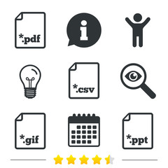 Download document icons. File extensions symbols. PDF, GIF, CSV and PPT presentation signs. Information, light bulb and calendar icons. Investigate magnifier. Vector