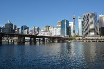 Naklejka premium Cityscape of Darling Harbour at sunset Sydney New South Wales Au