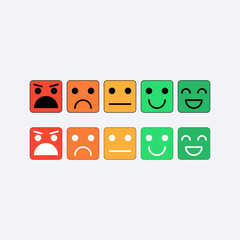 Color set square icon of Emoticons. Rank, level of satisfaction rating in form of emotions, smileys, emoji. Excellent, good, normal, bad, awful. Feedback, user experience in flat icon. Vector