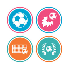 Football icons. Soccer ball sport sign. Goalkeeper gate symbol. Winner award laurel wreath. Goalscorer fireball. Colored circle buttons. Vector