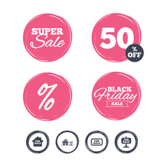 Super sale and black friday stickers. For sale icons. Real estate selling signs. Home house symbol. Shopping labels. Vector