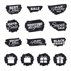 Ink brush sale stripes and banners. Gift box sign icons. Present with bow and ribbons sign symbols. Black friday. Ink stroke. Vector